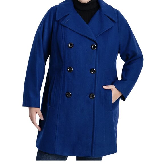 Anne Klein 2X Double-Breasted Wool Peacoat Navy Blue - Picture 1 of 7